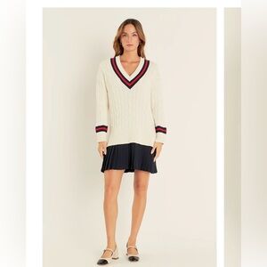 English Factory V Neck Cable Knit Pleated Twofer Sweater Dress- Cricket Sweater